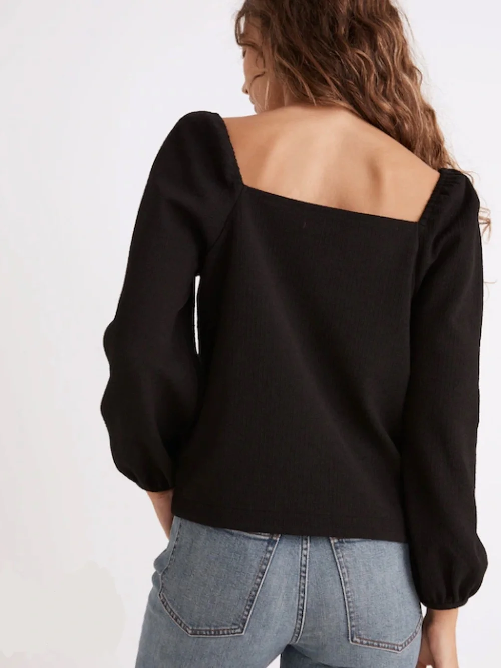 Madewell Crepe Square Neck Puff Sleeve Top in Black Size Small